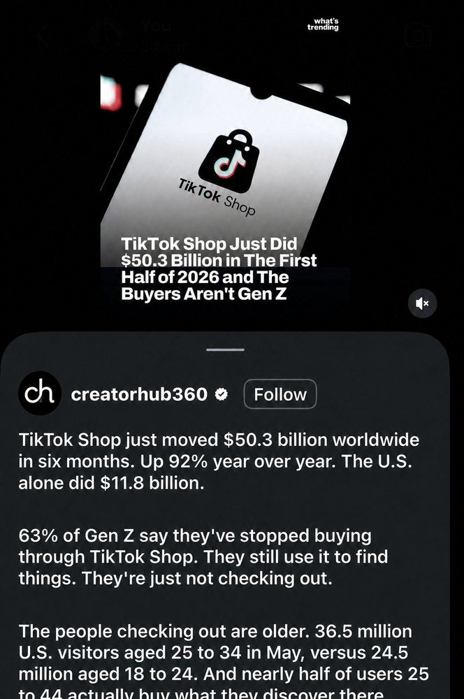 CreatorHub360's post: TikTok Shop just did $50.3 billion in the first half of 2026 and the buyers aren't Gen Z